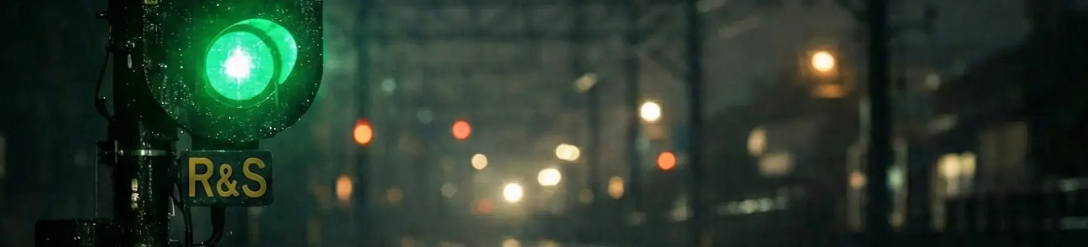 線路脇にある鉄道信号が進行信号を現示している。